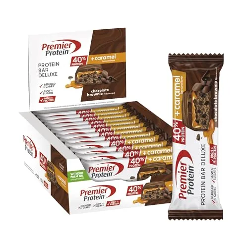 Premier Protein - Protein Bar Deluxe 40% - Chocolate Brownie - 12x50g - Leckerer Proteinriegel mit zarter Schokoladenkuvertüre und cremigem Karamell. Ideal für unterwegs mit 20 g hochwertigem Protein pro Riegel. Weniger Kohlenhydrate und palmölfrei – für bewussten Genuss ohne Kompromisse!