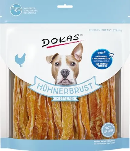 Dokas Dog HÜHNERBRUST in Streifen | 5 x 500 g - Dörrfleisch für Hunde, proteinreich mit 57,2 % Rohprotein und nur 3,5 % Fett – ideal für aktive Hunde und Gewichtsmanagement, ohne Zusatzstoffe.