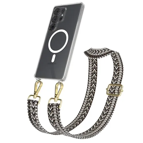 EAZY CASE Handykette - Verstellbares Taschenband kompatibel mit Galaxy S25 Ultra, Schulterriemen, Handykordel mit Silikon Hülle, Qi Charging kompatibel, Umhängetasche, Grau Schwarz Gold