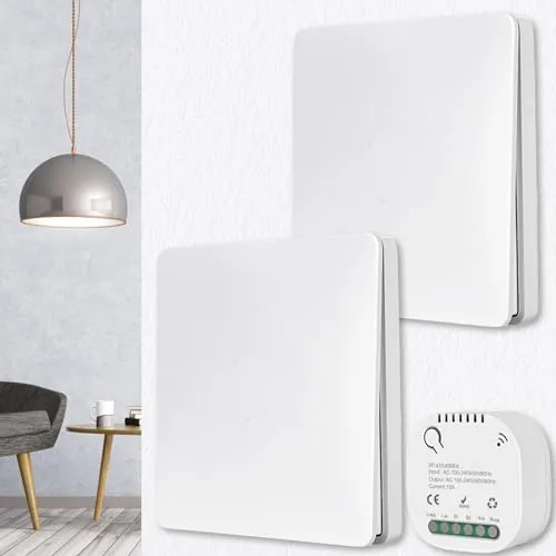 Funkschalter Set: Funk Lichtschalter, Funk-Wandschalter 50M Reichweite, 230V Funkschalter Licht, 2 Schalter mit 1 Empfänger Ohne Batterie, Wasserdicht Drahtlos Schalter für Lampe Innen Außenbereich