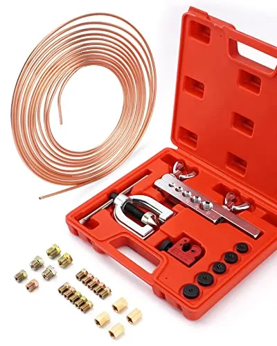 Bremsleitung Bördelgerät Set, 7,6 m Bremsleitung Ø 4,75 mm - Bördelgeräte für Bremsleitungen: Umfassendes Set mit 7,6 m Bremsleitung, 16 Verschraubungen und 4 Verbindern. Ideal für einfache und doppelte Bördelungen in verschiedenen Materialien, inklusive Korrosionsschutz.