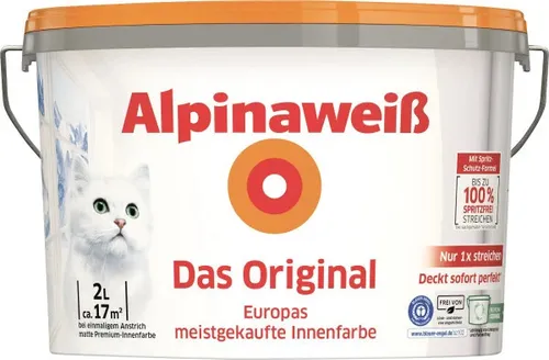Alpinaweiß Das Original 2 L - Hochwertige Wandfarbe - Farben, langlebige und matte Wandfarbe für ein perfektes Raumklima und strahlend weiße Wände.