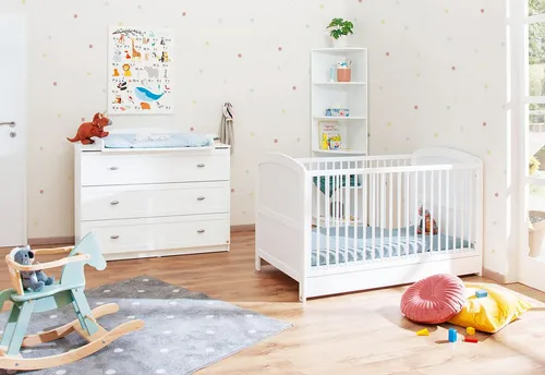 Pinolino® Babymöbel-Set 'Laura' 2-tlg. für modernes Kinderzimmer - 2-teiliges Babyzimmer-Set mit einem umbaubaren Kinderbett und Wickelkommode. Ideal für Erstausstattung, mit viel Stauraum und höhenverstellbarem Lattenrost.