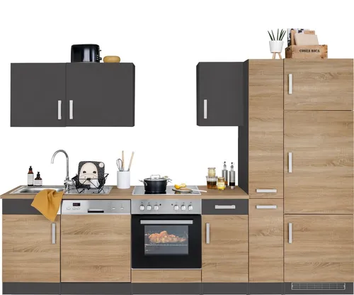 KOCHSTATION Küchenzeile KS-Gera 300 cm - Küchenzeilen mit durchgehender Arbeitsplatte und Edelstahl-Auflagespüle, ideal für gemütliche Kochabende und effizientes Arbeiten in der Küche.