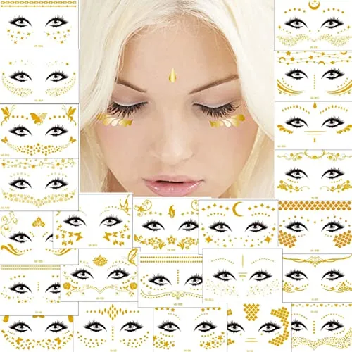 Blätter Temporäre Tattoos, Wasserdichte Metallic Tätowierung, Gold Flash Makeup Aufkleber Gesicht Tattoo, Schimmer Glitter Designs Tattoo Stickers für Frauen Teenager Mädchen Körperkunst 23