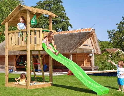 Jungle Gym Spielturm Jungle Shelter, 176x378x290 cm - Vielfältiger Spielturm mit integrierter Rutsche und Sandkasten. Ideal für abenteuerliche Spielstunden im Freien. Hergestellt aus kesseldruckimprägniertem Holz für Langlebigkeit und Sicherheit.