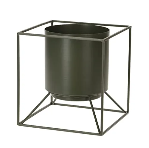 Spetebo Blumentopfständer aus Metall in 19cm - Oliv grün - moderner Planzenständer mit Topf - Blumentopf Halter Pflanzen Ständer mit Übertopf Industrial