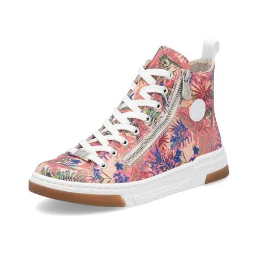 RIEKER Damen Sneaker, Gr. 38, rosa multi - Sportliche High Top-Sneaker aus Lederimitat mit geblümt Optik und bequemer Plateausohle (3,5 cm). Ideal für Freizeitaktivitäten und einen modischen Look!