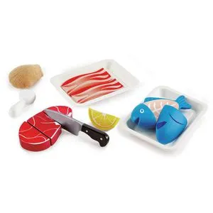 Hape Kinderküchen-Zubehör Fisch und Fleisch Set, Mit Schälchen, Lebensmitteln und Messer, 9-teilig