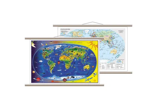STIEFEL Poster Kinderweltkarte/Staaten der Erde,Holzleisten+Aufhängeschnur, 60x42cm