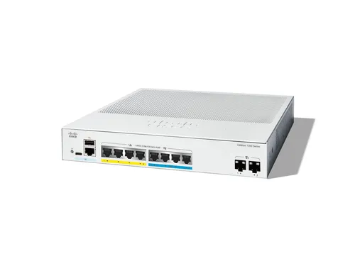 Cisco Catalyst C1300-8MGP-2X Rackmount Switch - Managed Stack Switch mit 8x RJ-45 und 2x SFP+, bietet 120W PoE+ für leistungsstarke Netzwerkgeräte und ist lüfterlos für leisen Betrieb.