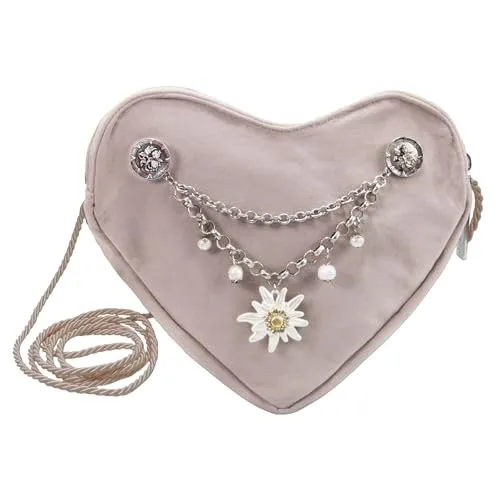 Alpenflüstern Herztasche Strass-Edelweiß Greta Charivari - Umhängetasche in Herzform, ideal für Dirndl-Outfits, mit verstellbarem Schulterband und funkelndem Edelweiß-Charivari für einen einzigartigen Look.
