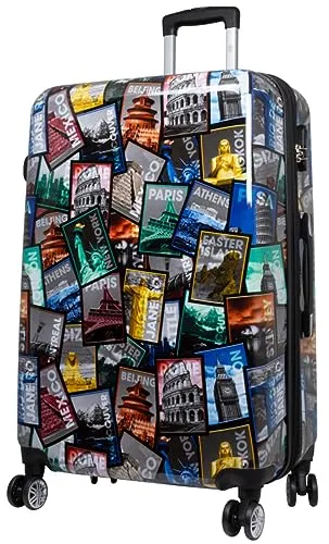 Warenhandel König Koffer Mehrfarbig Touristenattraktionen XL - Handgepäck mit 100% Polycarbonat und tollem Designer-Motiv, Dehnfalte für mehr Packvolumen, 4 Leichtlaufräder mit 360° Rotation und integriertes Zahlenschloss.