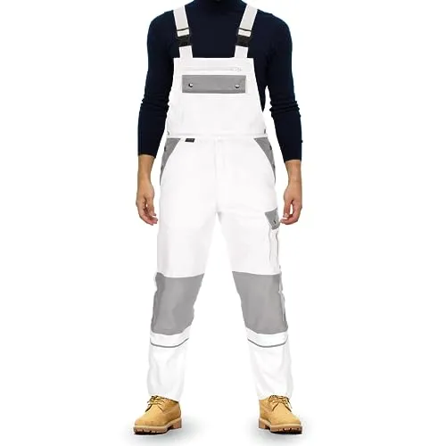 TMG® | Lange Arbeitslatzhose Herren, Weiße Malerlatzhose mit Kniepolstertaschen, Malerhose mit viel Stauraum | 72