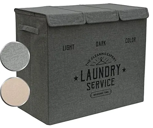 DuneDesign Wäschekorb 3 Fächer - 84L Wäschesammler Anthrazit Grau - Praktischer Wäschekorb mit 3 Fächern für eine einfache Wäschesortierung. Ideal für Badezimmer und Schlafzimmer, platzsparend und robust, perfekt für die ganze Familie.