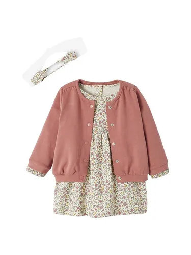 vertbaudet A-Linien-Kleid Mädchen Baby-Set: Kleid, Strickjacke & Haarband
