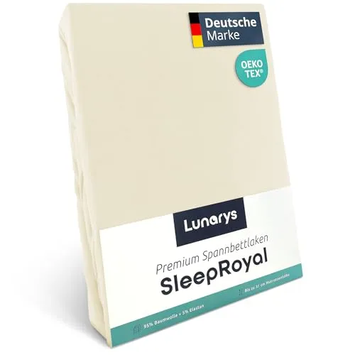 Lunarys® SleepRoyal Luxus Spannbettlaken 180x200cm - Creme - 250 g/m² Premium Bettlaken - 40 cm Steghöhe - für hohe Matratzen, Boxspringbett & Matratze + Topper & Wasserbett - Stretch Jersey
