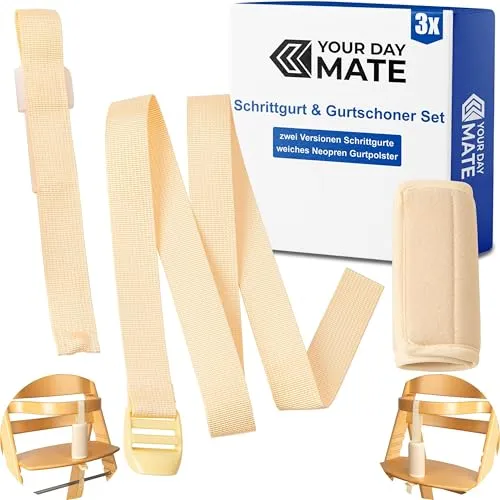 Schrittgurt mit Gurtschoner Set für Hochstuhl, 3 Pack, in Beige, zwei Gurtriemen kompatibel mit Hauck Alpha Beta, Stokke Tripp Trapp, roba, Kinderkraft, usw., weiches Neopren Gurtpolster Kinderstuhl