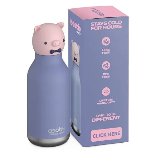 asobu Bestie Piggy Kids Bottle - Thermosflasche für Kinder mit 500 ml, isoliert und mit Klapp-Trinkhalm – ideal für Schule und unterwegs, hält Getränke stundenlang kühl.