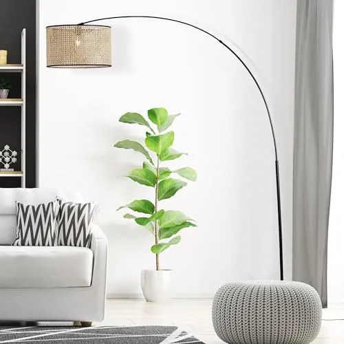 Lightbox Bogenstehlampe im Nature Stil - Standleuchte mit Rattan Schirm und Teleskoparm, 2 m hoch, ideal für Wohnzimmer, sorgt für moderne, natürliche Akzente und fantastische Helligkeit.