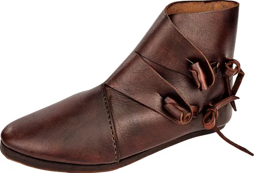 Wikinger Schuhe Typ Jorvik - Genagelte Doppelsohle in Braun, Gr. 43 - Wanderschuhe mit handgefärbtem Oberleder und stabiler genagelter Doppelsohle, ideal für historische Nachstellungen und robuste Outdoor-Aktivitäten.