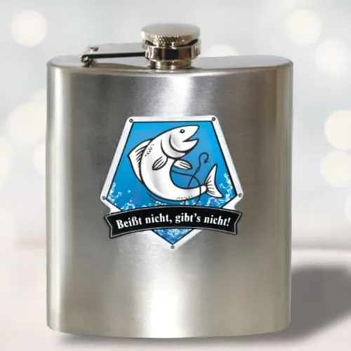 Flachmann aus Edelstahl - Beißt nicht, gibts nicht gebürstet 3D Etikett Doming rostfrei 7 oz. 200 ml für verschiedene Anlässe Whisky Liebhaber | Geschenk für Angler Anglergeschenk