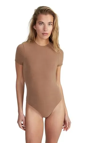 Style & Republic Kurzarm Body Damen aus Baumwolle, Samtig weich und Bequem Body-Shaper, Bodysuit mit Rundhalsausschnitt & Druckknopfverschluss, Holz, M