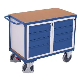 VARIOfit Werkstattwagen sw-600.619 - Robuster Montagewagen mit 500 kg Tragkraft - Werkzeugschrank mit 8 Schüben, ideal für Werkstätten. Robuste MDF-Ladefläche und zentrale Abschließbarkeit bieten Sicherheit und Funktionalität.