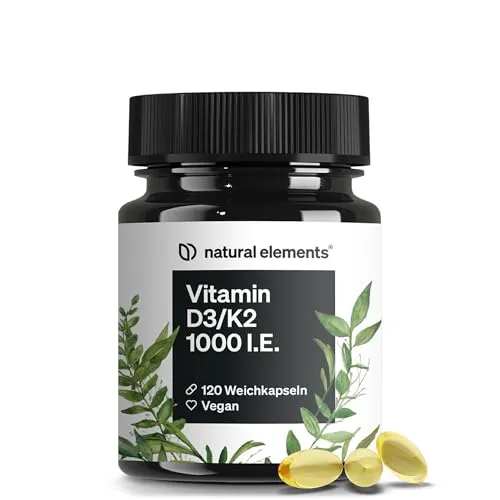 Natural Elements Vitamin D3 + K2 Softgel Kapseln – Hochdosierte 1.000 I.E. für starke Knochen