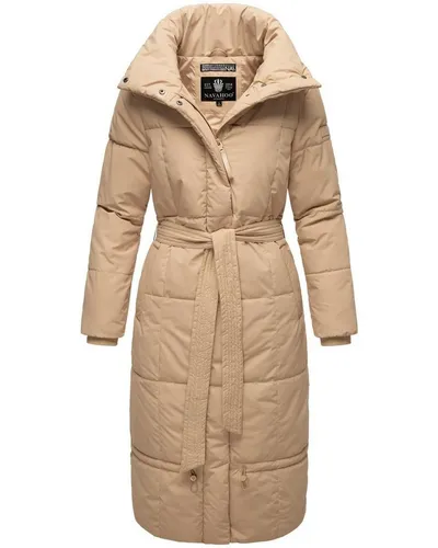 Navahoo Damen Wintermantel Mirenaa - Warmer Steppmantel in Beige Gr. L - Funktionsjacken: Langer, wasser- und windabweisender Steppmantel mit Taillengürtel und hohem Stehkragen für optimale Wärme und Komfort in der kalten Jahreszeit.