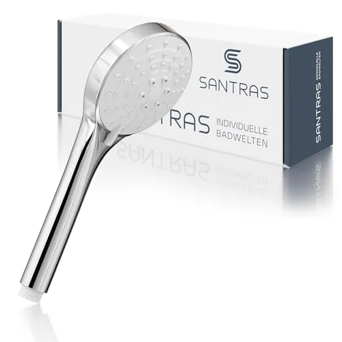 SANTRAS® Handbrause mit dreifach verstellbaren Duschkopf mit Wassersparer in Chrom – Brause mit wassersparendem Brausekopf und Durchflussbegrenzer in 3 Strahlarten für Dusche und Badewanne