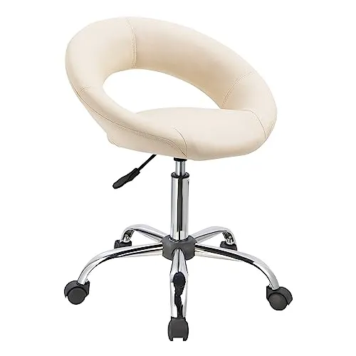 Duhome Drehstuhl mit Rollen, Rollhocker Kunstleder Drehhocker Schminktisch Hocker mit Lehne Arbeitshocker Bürohocker Höhenverstellbar, Creme