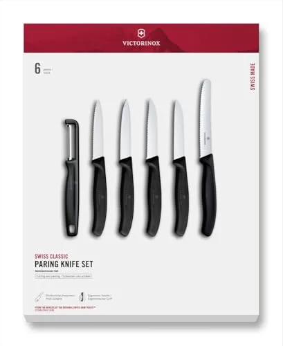 Victorinox Swiss Classic, Küchenmesser Set, 6teilig, Gemüse-, Tomaten- und Frühstücksmesser und Schäler, Robuster Kunststoffgriff, Rostfreier Stahl, Schwarz