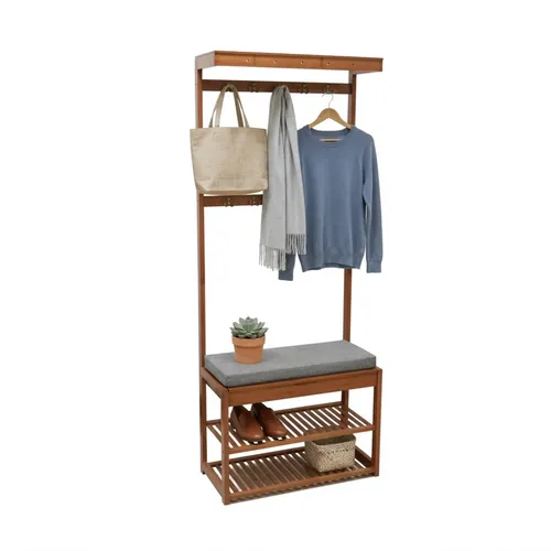 Relaxdays Garderobenständer mit Sitzbank und 10 Haken, Walnussoptik - Praktischer Garderobenständer mit bequemer Sitzbank und 10 Haken für Jacken und Accessoires. Ideal für Flur und Schlafzimmer – sorgt für Ordnung und bietet Platz für Schuhe auf zwei Ablagen.