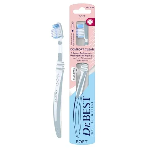 Dr.BEST Comfort Clean Zahnbürste, Soft (1 Stück) – 3-Zonen-Technologie, bestehend aus seidenweichen Spezialborsten, Borsten mit angeschrägtem Profil und Flachschnitt, für eine überlegene Reinigung*.