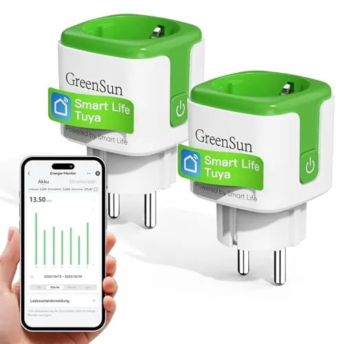 Produktbild GreenSun Stromzähler für Steckdose WLAN Smart Steckdose mit Zeitschaltuhr und Strommessung, kompatibel mit Smart Life & Tuya App, Alexa & Google Sprachsteuerung, 16A 2,4 GHz, 2er-Pack