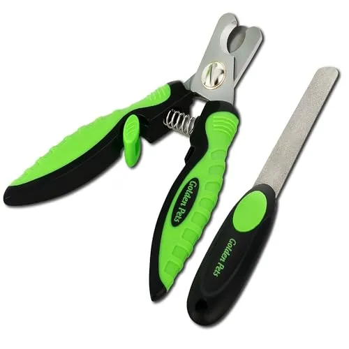 Golden Pets Profi Krallenschere + Feile I Einzigartiger 45 Grad Schneidekopf I Krallenzange mit Sicherheitsanschlag I Krallenschneider + Krallenfeile + Anleitung für den sicheren Schnitt