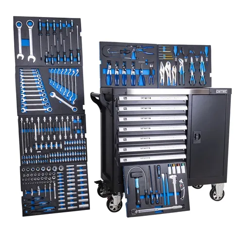 DeTec XXL Werkstattwagen 1077 Heavy Duty - Voll ausgestatteter Werkzeugwagen mit Rollen - Werkzeugschrank mit 7 hochwertigen Schubladen, voll ausgestattet mit Carbon-beschichtetem Werkzeug. Ideal für Profis und Hobby-Schrauber, mobil dank 4 Rollen.