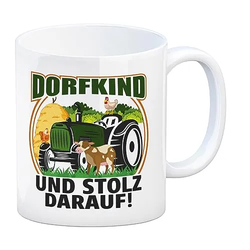 Dorf Kaffeebecher mit Spruch Dorfkind und stolz darauf Tasse für Kinder vom Land Traktor Kuh Kaffeetasse Huhn cool
