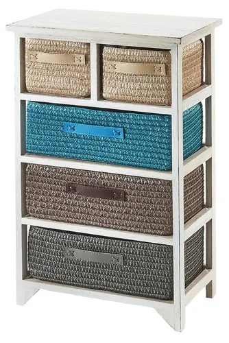 Kobolo Holzregal white washed mit 5 Schubfächern - Praktisches Bücherregal aus Holz mit 5 Schubfächern, fertig montiert und ideal zur Aufbewahrung von Büchern und Dekor. Hochwertige Verarbeitung und modernes Design.