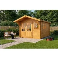 Alpholz Holz-Gartenhaus Gabriel 338x467cm – Imprägniert, 28mm Wandstärke - Vielseitiges Gartenhaus für kreative Projekte und Stauraum! Mit großzügigen Fenstern und solider Konstruktion bietet Gabriel 10,5 m² Platz und schützt zuverlässig vor Witterungseinflüssen. Ideal für entspannte Stunden im Garten.