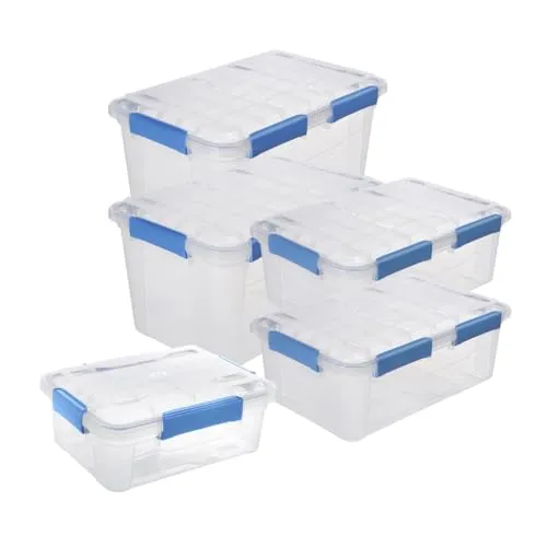 Kreher® Aufbewahrungsbox IP67 - Stapelbare, wasserdichte Kunststoffboxen für Haushalt & Outdoor (Set 1: 2 x 50L + 2 x 32L + 1 x 11L) - Robuste, stapelbare Aufbewahrungsboxen mit IP67-Zertifizierung. Ideal für Werkzeuge, Campingzubehör und mehr. Hält Wasser und Staub fern, perfekt für vielseitige Anwendungen im Innen- und Außenbereich.