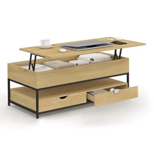 IDMarket - Couchtisch, aufklappbar, rechteckig, Detroit mit 2 Schubladen, industrielles Design