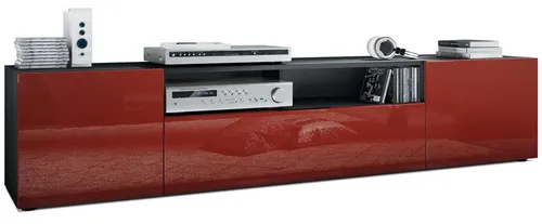 Vladon Lowboard Mogan - TV-Kommode in Schwarz matt/Bordeaux Hochglanz - TV-Halterung mit modernem Design, pflegeleichte Oberfläche und vielseitig einsetzbar als Sideboard oder TV-Schrank. Optimal für große Fernseher, inkl. Soft-Close-System für sanftes Öffnen.