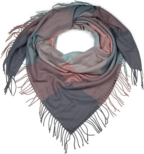 styleBREAKER Damen XXL Schal mit mehrfarbigem Karo Muster und Fransen, warmes Winter Tuch, Deckenschal 01017116, Farbe:Rose-Mint-Grau