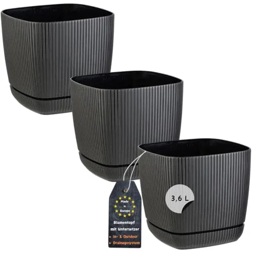 Engelland - 3 x Blumentopf mit Drainagesystem, Untersetzer, Farbe: Schwarz, Rillenoptik, Pflanz-Topf, Kübel, modern, Kunststoff, quadratisch, 18 x 18 cm, 3,6 Liter