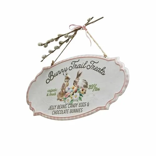 Loberon Deko-Schild Bunny Trail, liebliches 3D-Hasenmotiv, mit Aufhängung, Nostalgie-Charakter, Vintage-Design, Dekoration, Osterdeko, Ostern, Eisen, Jute, rosa/Creme
