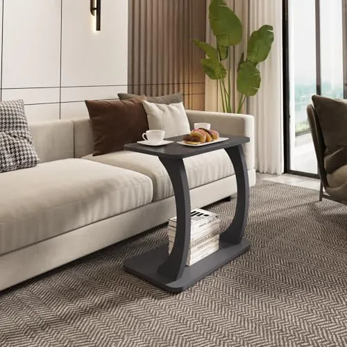 [en.casa] Beistelltisch Stattela Sofatisch C-Form Nachttisch 59 x 35 x 56 cm Wohnzimmertisch Betttisch mit 4 Rollen Kaffeetisch rechteckig Grau