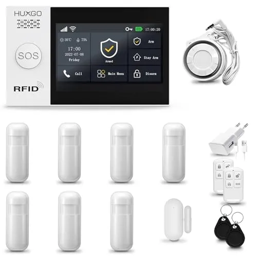 HUXGO® HXA007 Alarmanlage Haus WiFi + GSM 4G mit Sirene | Tuya Smartlife App | Alarm System mit Drahtloser Fenstersensor, 7X Bewegungsmelder | Alarmanlage für Wohnung, Garage