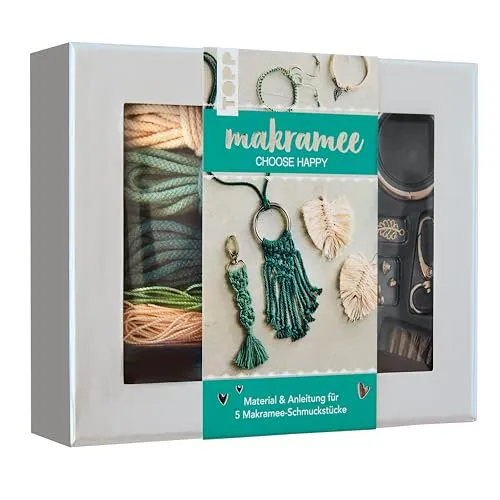 Makramee-Schmuckset „Choose Happy“ (Petrol/Natur): Anleitung und Material für 5 Makramee Schmuckstücke. Mit Makramee-Drahtbürste und Knüpfboard. (Makramee-Sets)